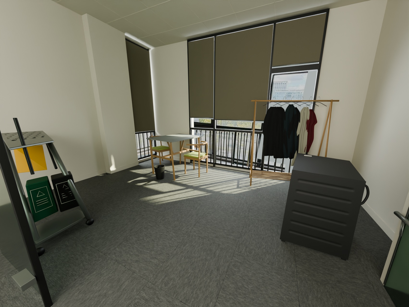 Real2Sim 房间重建案例的实际渲染，包含窗户、桌椅、衣架与柜体